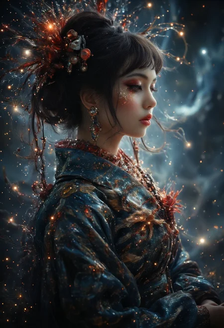 aidmaGlow, Midjourney_Whisper, noc-space, image stunningJapanese princess, long loose hair, dark eyeshadow, bangs, hair ornaments, necklaces, earrings, sumptuous flowing dress, BREAK. background of swirling stardust and nebula gas