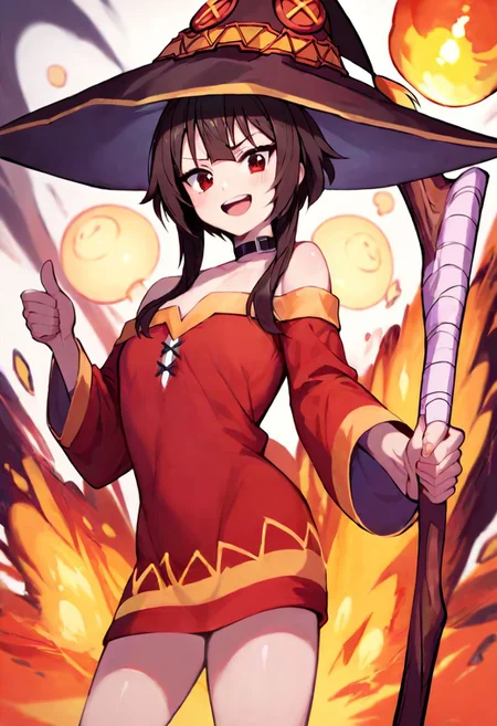 Megumin, standing, thumbs up, one staff, witch hat. giant nuclear explosion background, blast wave, nuclear mushroom cloud.
score_9, score_8_up, score_7_up, score_6_up, best quality, 4k, ultra hd, anime style, highest score. 1girl, (correct anatomy).