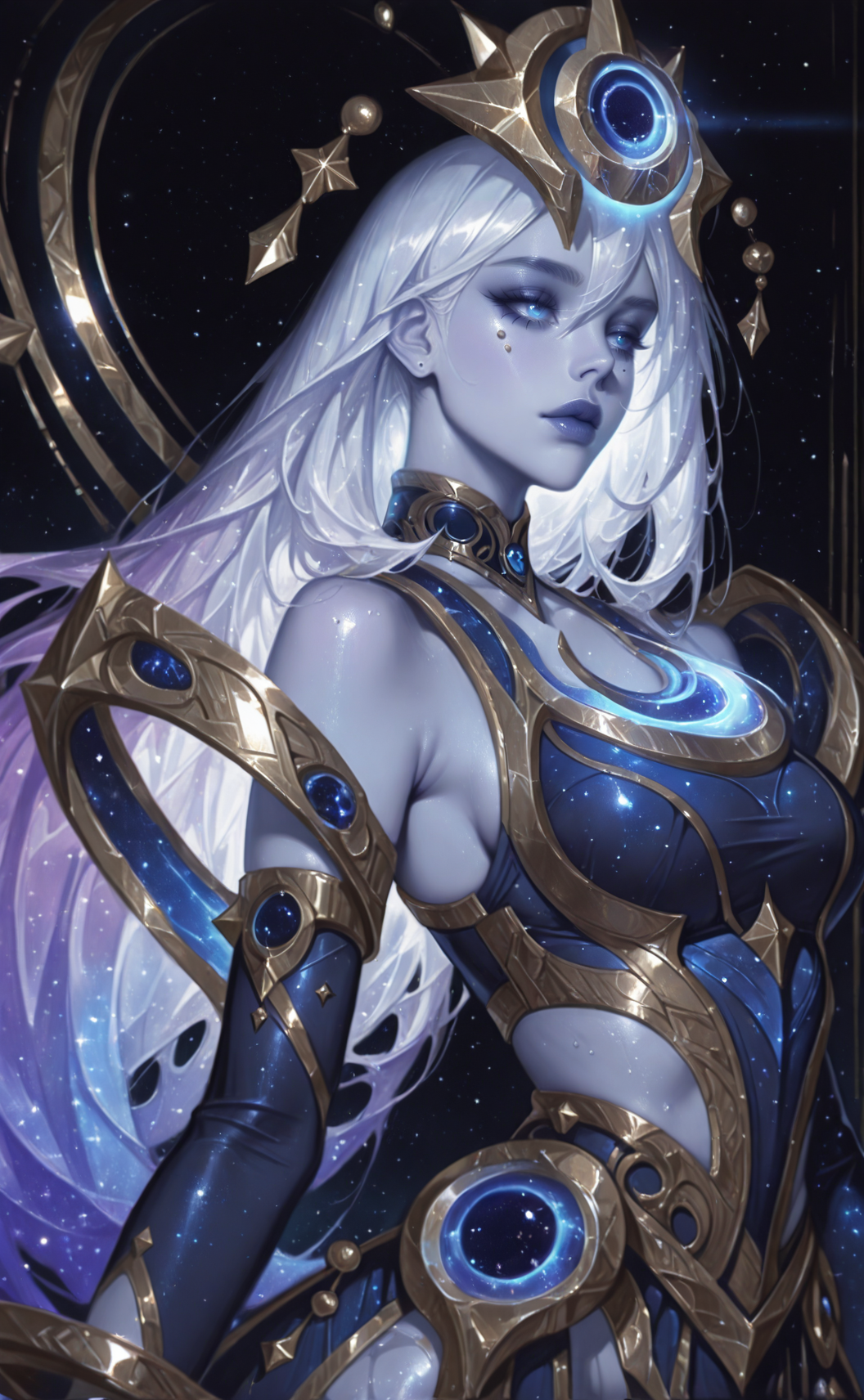 masterpiece, best quality, amazing quality, ultra-detailed, absurdres, highly detailed, cinematic lighting, realistic shading, intricate details, soft lighting, high contrast, depth of field
sexy, hips    ,  white background,  <lora:Cosmic_lux-e100_s1600:1> Cosmic_Lux, long hair, gradient hair, straight hair, side bangs, blue eyes, dark blue dress, gold accents, gold accessories, crown, bare shoulders, glowing effects, cosmic goddess theme, celestial aura, intricate gold armor details, <lora:MoriiMee_Gothic_Niji_Style_Illustrious_r1:1> artist:moriimee