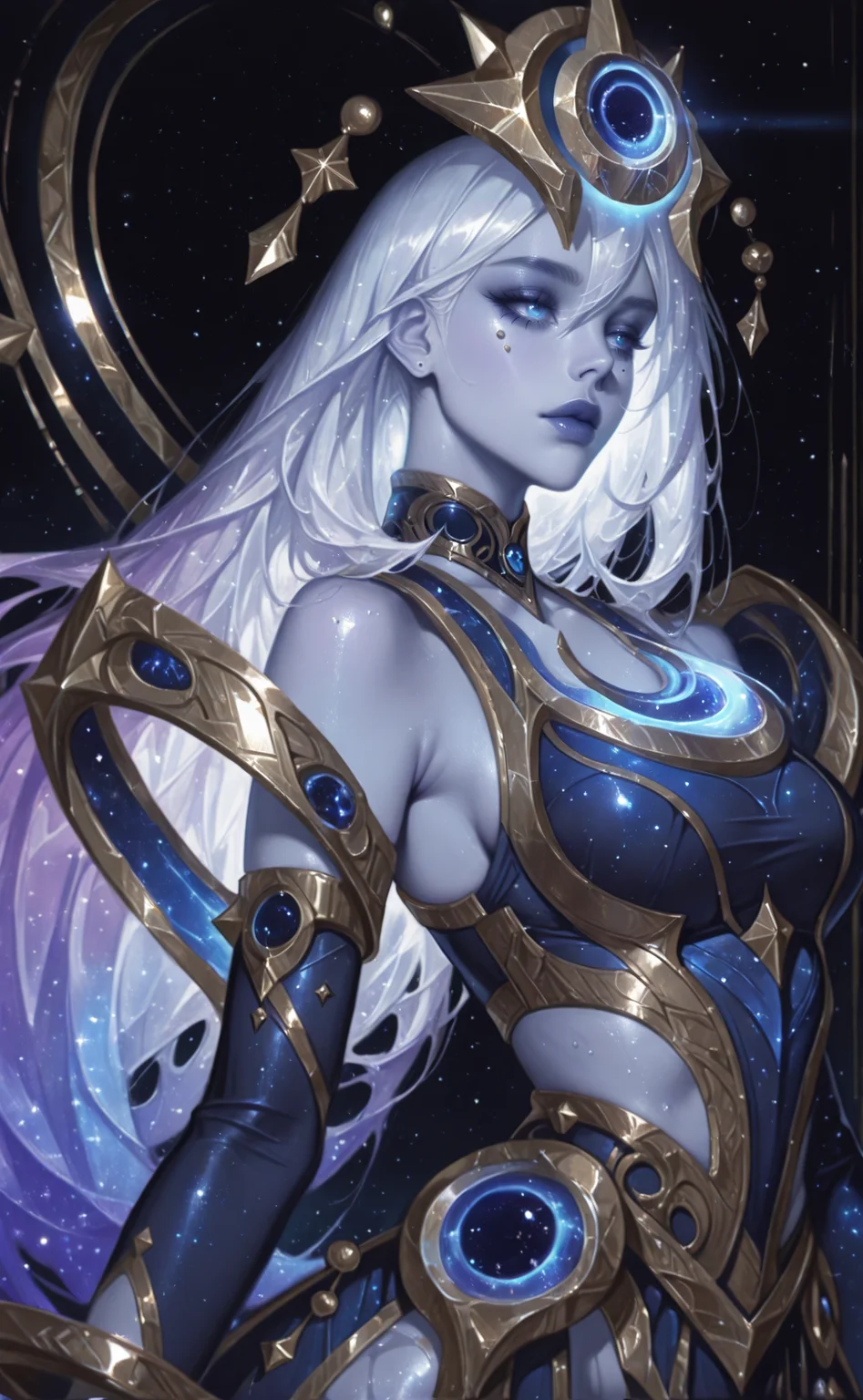 masterpiece, best quality, amazing quality, ultra-detailed, absurdres, highly detailed, cinematic lighting, realistic shading, intricate details, soft lighting, high contrast, depth of field
sexy, hips    ,  white background,  <lora:Cosmic_lux-e100_s1600:1> Cosmic_Lux, long hair, gradient hair, straight hair, side bangs, blue eyes, dark blue dress, gold accents, gold accessories, crown, bare shoulders, glowing effects, cosmic goddess theme, celestial aura, intricate gold armor details, <lora:MoriiMee_Gothic_Niji_Style_Illustrious_r1:1> artist:moriimee