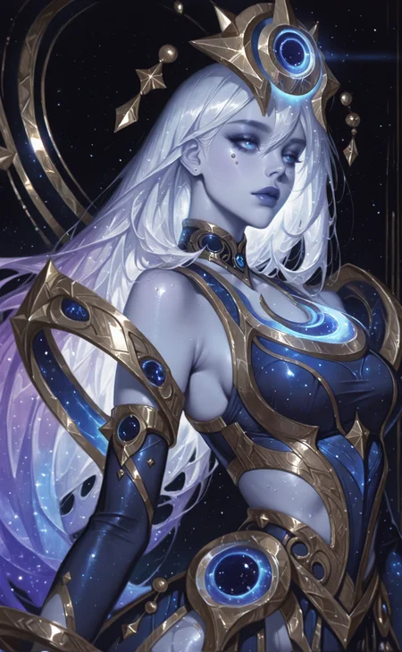 masterpiece, best quality, amazing quality, ultra-detailed, absurdres, highly detailed, cinematic lighting, realistic shading, intricate details, soft lighting, high contrast, depth of field
sexy, hips , white background, <lora:Cosmic_lux-e100_s1600:1> Cosmic_Lux, long hair, gradient hair, straight hair, side bangs, blue eyes, dark blue dress, gold accents, gold accessories, crown, bare shoulders, glowing effects, cosmic goddess theme, celestial aura, intricate gold armor details, <lora:MoriiMee_Gothic_Niji_Style_Illustrious_r1:1> artist:moriimee