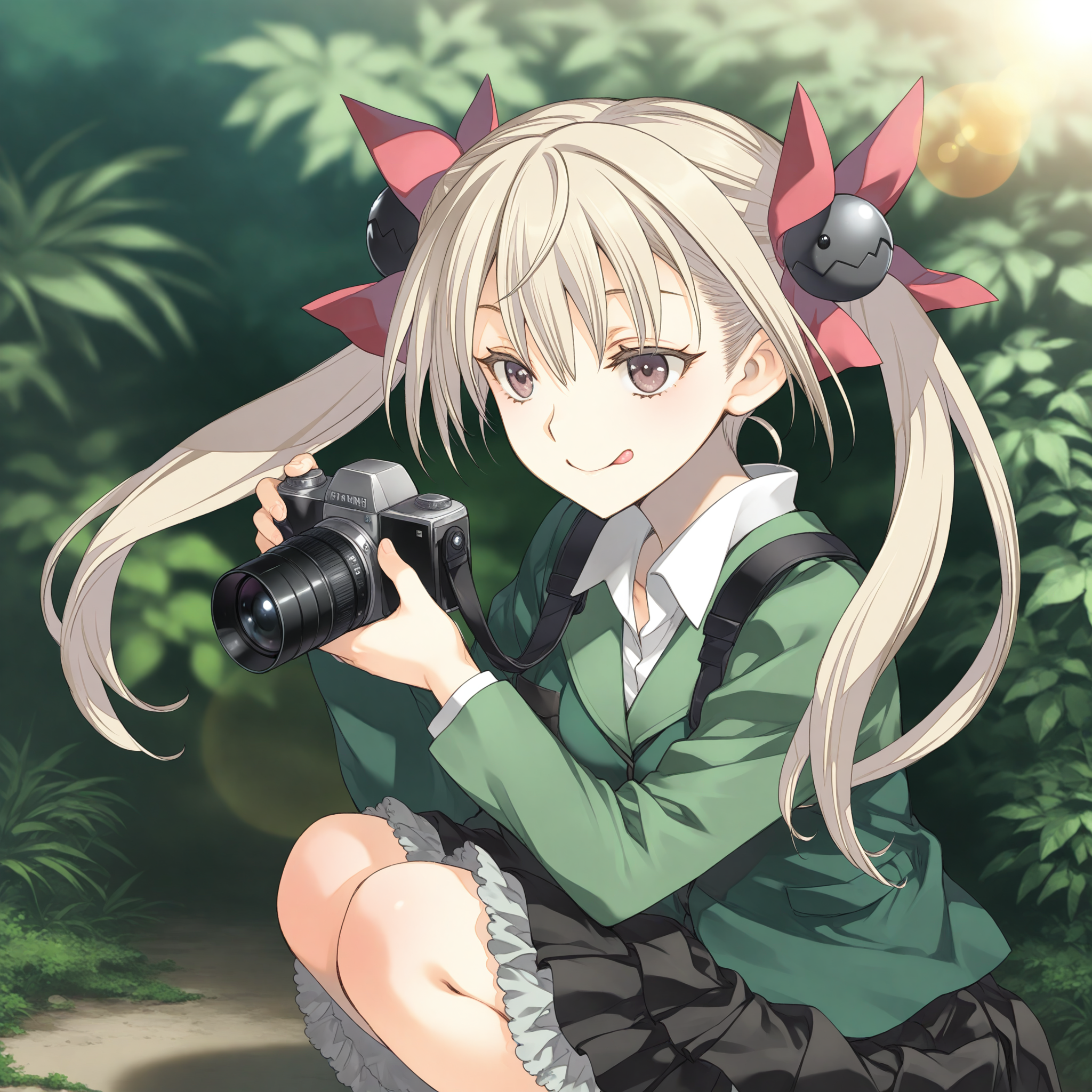 <lora:Nunuhara_Cabbage_1_nai-000058:1>,Nunuhara Cabbage,
official outfit,black skirt,green jacket,white shirt,white collar,frills,frilled skirt,
1girl,solo,holding camera,depth of field,taking picture,lens_flare,smile,looking at hand,looking to the side,from side,looking_down,squatting,overgrown,tongue out,