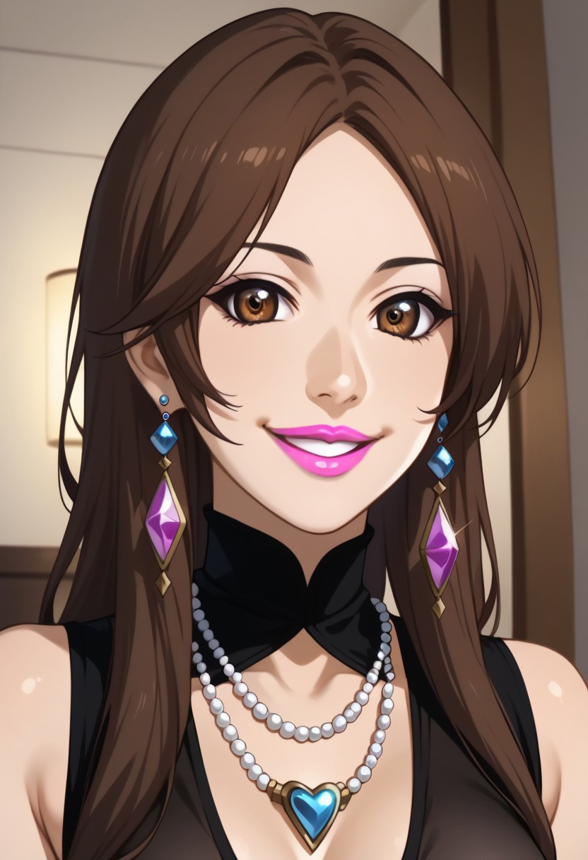 score_9, score_8_up, score_7_up, Expressiveh, detailed face, perfect face, detailed eyes, (pink lipstick:1.5)
tsubaki sawabe, very lomg hair, bangs, brown hair, brown eyes, (japsale:2)
Smile:1, jewelry, (necklace:1.5), (long earrings:1.5), (large breasts:1.5)
In a dimly lit, opulent jewelry store nestled within the heart of Tokyo, the camera focuses on a woman with cascading black dresses and a radiant smile that lights up her face. Her eyes sparkle with a captivating grin as she stands before an exquisite display of diamonds, her elegant form clad in tailored black pants and a sleek blouse, the spotlight casting a dramatic contrast between her and the glistening jewels behind her. The camera angle slightly elevated from the ground, emphasizing tsubaki's allure as she invites viewers to join her in a tantalizing exploration of luxury and fashion.