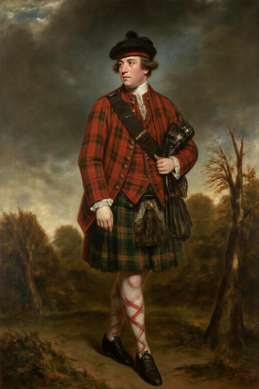 jore1 painting. 
A man in traditional Scottish attire from the 18th century. The subject is standing outdoors in a rural landscape under a dramatic, cloudy sky. He is dressed in a vibrant, red and black tartan plaid coat with a white shirt visible at the collar, and a white ruffled cravat at his neck. The coat is fastened with a gold brooch. He wears a black sporran, a traditional Scottish purse, and black leather shoes with a distinctive tartan patterned kilt.
 <lora:jore1_cap_d6a3e12:1.0><lora:818385540131869188:0>