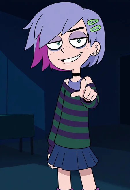 Hhriblestyle, 1 girl, solo, smile, pointing at viewer, looking at viewer, smile, evil, evil smile, dark smile, dark lighting, dark room, short hair, emo hair, bright purple hair, dark green and dark purple striped sweater, baggy sweater, shoulder slip, dark blue miniskirt, purple boots, singular black ear piercing, dark eyeliner, freckles, two green hairpins, black neck choker
