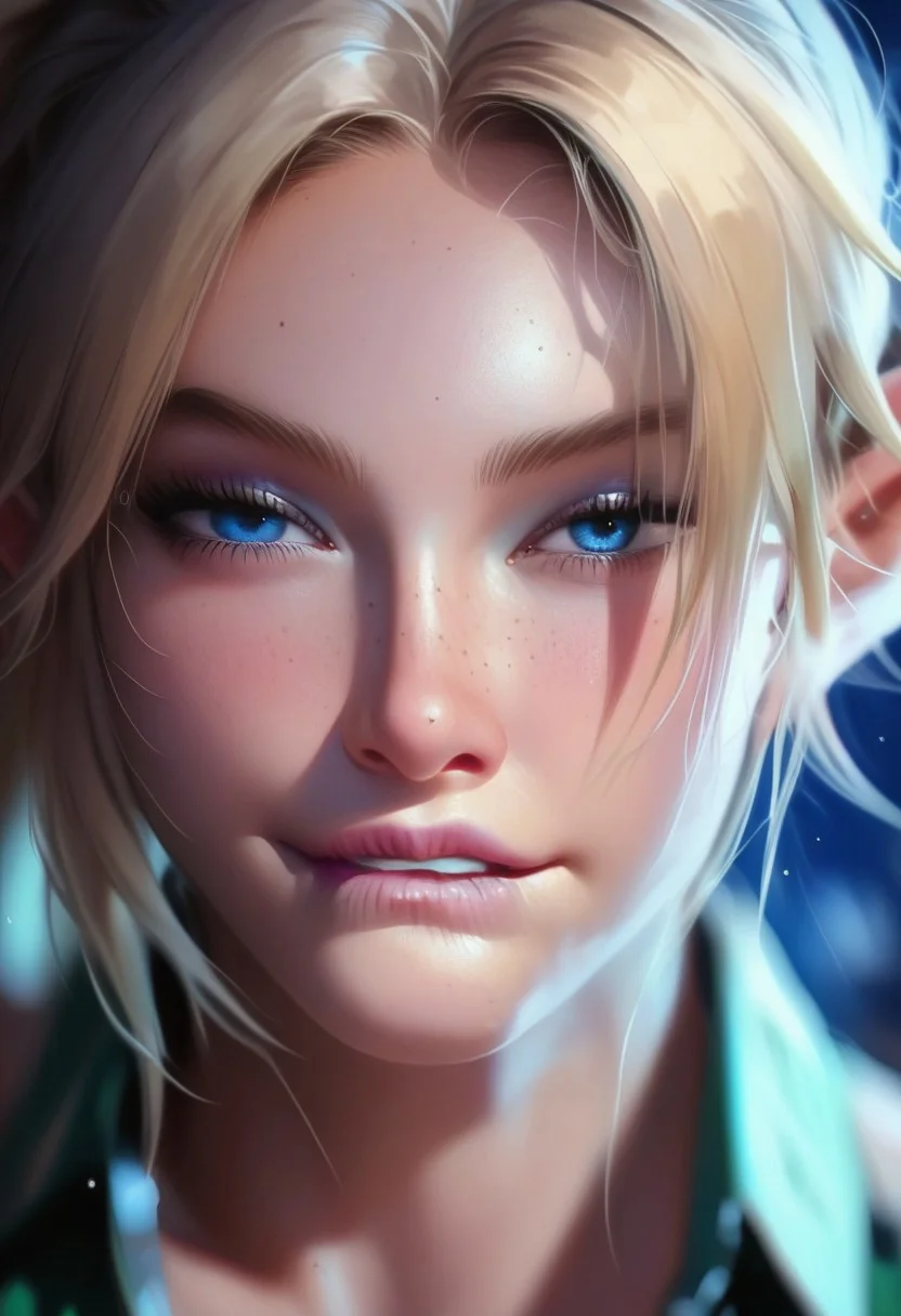 score_9, score_8_up, score_7_up, score_6_up, 1femboy, linkxl, elf ears, blue eyes, blonde hair, solo, portrait, lips, freckles, biting own lip, (biting lip:1), seductive, ponytail, lipstick, makeup, eyeliner, black eye shadow, beautiful detailed face, sexy man, open green shirt, no bra, night, night club background, blurry background