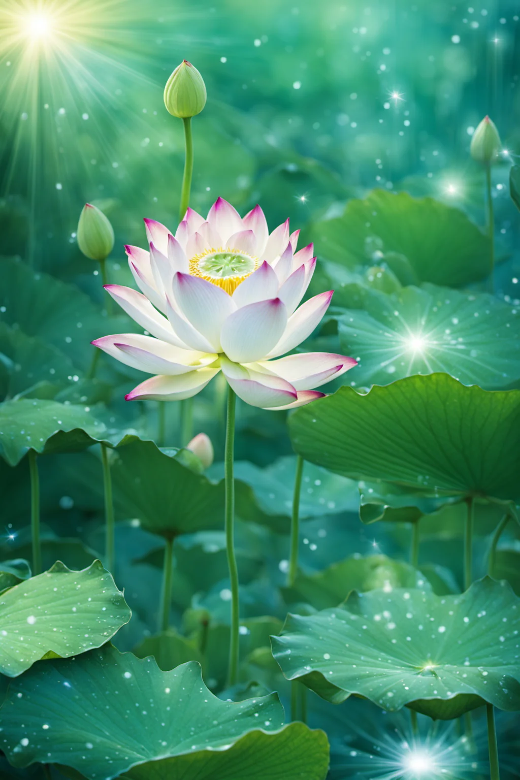 <lora:hehua:0.9>,hv,no humans,lily pad,flower,sparkle,lotus,scenery,outdoors,leaf,nature,water,light rays,blurry,