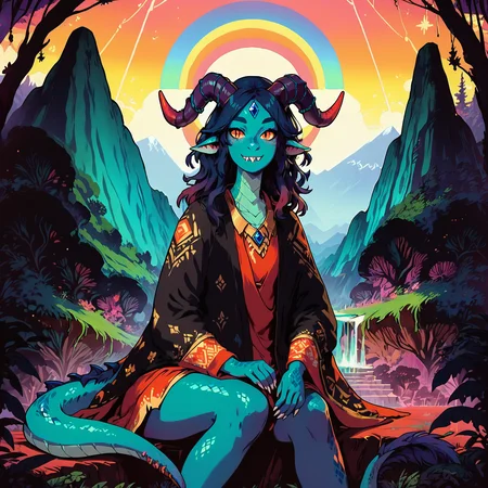 score_9, score_8_up, score_7_up, fl4ttr1p, colorful, dragon woman, dragon ears, horns, nose scales, smile, sitting, dragon woman, blue skin, fl4ttr1p, dark blue hair, thick eyebrows, red-orange eyes, dragon woman, blue forehead crystal, fangs, BREAK score_9, score_8_up, score_7_up, fl4ttr1p, colorful, dragon woman, abstract, outdoors, crystals, towers, mountains, fl4ttr1p, colorful, night <lora:blue_dragon_lady_02:0.8> <lora:f3nn3rXLP:1> <lora:more_details:1> <lora:fl4ttr1p3XLP:0.6>