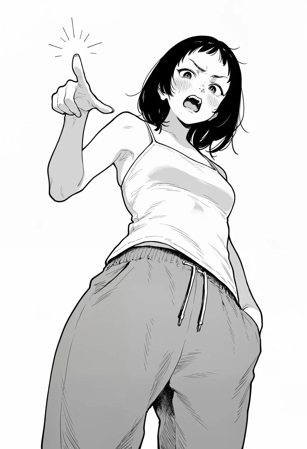 amazing quality, newest, absurdres, realistic, white background, monochrome, hatching \(texture\), 1girl, solo, sweatpants, spaghetti strap, medium hair, short bangs, looking at viewer, embarrassed, blush, v-shaped eyebrows, from below, pointing down, flustered, hand in pocket, dutch angle, open mouth, <lora:takayanagi_katsuya:0.8>