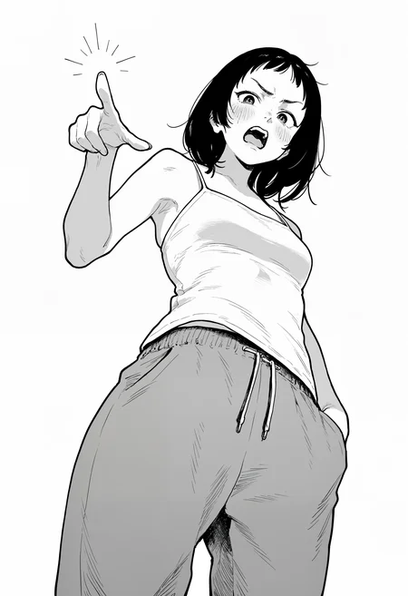 amazing quality, newest, absurdres, realistic, white background, monochrome, hatching \(texture\), 1girl, solo, sweatpants, spaghetti strap, medium hair, short bangs, looking at viewer, embarrassed, blush, v-shaped eyebrows, from below, pointing down, flustered, hand in pocket, dutch angle, open mouth, <lora:takayanagi_katsuya:0.8>