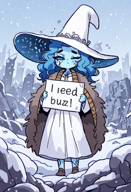 RnnDef, blue eyes, one eye closed, blue hair, wavy hair, (4 arms:1.2), extra faces, ghost face, blue skin, colored skin, cracked skin, doll joints, small, ruins, snow, fear, marionette strings, witch hat, large hat, white headwear, white dress, long sleeves, fur cloak, brown cloak, diives,
need_buzz, (holding sign that says "Buzz or Jar")