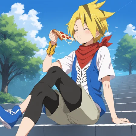 <lora:Noboru_Kodo>,noboru kodo,1boy,male focus,solo,food,eating,sitting,closed eyes,holding pizza,crossed legs,sky,tree,stairs,scarf,outdoors,shirt,cloud,pizza,day,blue sky,white t-shirt,vest,single wristband,wristband,leggings,leggings under shorts,grey shorts,blue footwear,masterpiece,high score,great score,absurdres,