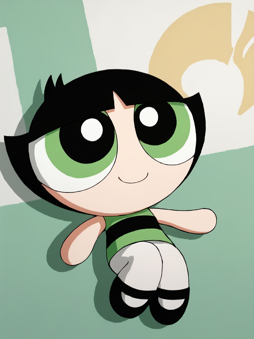 score_9, score_8_up, score_7_up,  score_6_up, BREAK, PowButt3rcup, 1girl, solo, smile, black hair, chibi, green shirt, striped shirt, black footwear, white pantyhose,  <lora:Buttercup:1>