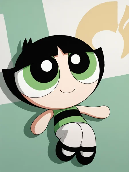 score_9, score_8_up, score_7_up, score_6_up, BREAK, PowButt3rcup, 1girl, solo, smile, black hair, chibi, green shirt, striped shirt, black footwear, white pantyhose, <lora:Buttercup:1>