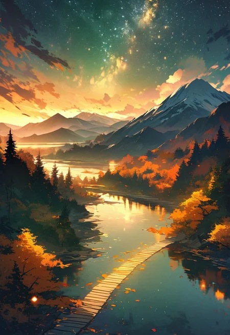 Create a breathtaking landscape that evokes awe and wonder. Picture a serene, pristine lake nestled among towering snow-capped mountains. The mountains should reflect perfectly in the crystal-clear water, with their peaks bathed in the golden hues of a setting sun. Surround the lake with a lush forest of evergreen trees, their rich green contrasting beautifully with the vibrant autumn foliage of nearby deciduous trees in shades of red, orange, and yellow. Add a meandering path along the lake’s edge, inviting viewers to imagine a peaceful walk. Include a clear, starry sky emerging as the sun sets, with a hint of the Milky Way visible. Enhance the scene with soft, glowing light to create a magical, almost otherworldly atmosphere.