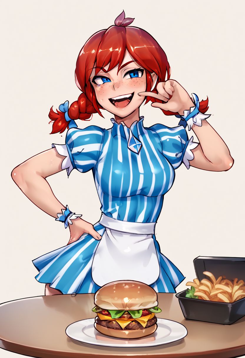 1girl, solo, upper body, vertical striped dress, red hair, freckles, blue eyes, pigtails, wrist cuffs, smug laugh, mouth open, ojou-sama pose, restaurant, burger, table, hand on hip, contrapposto, Wendy \(Wendy's\)