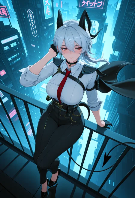 masterpiece, best quality, amazing quality, very aesthetic, absurdres, newest,
zani h, 1girl, red eyes, grey hair, horns, soft gaze, blush, looking to the side, facing viewer, sultry gaze, closed mouth, alternate costume, zanx1 shirt, cape, frills, collared shirt, chest strap, shoulder armor, high-waist pants, half gloves, single earring, necktie, choker, adjusting hair, demon tail, high heels,
sitting on railing, outdoor, cityscape, high-angle, floating hair, wind, breeze, legs dangling, urban scenery, skyscrapers, neon lights, reflections, cyberpunk vibes
<lora:zani-WuWa:0.8>