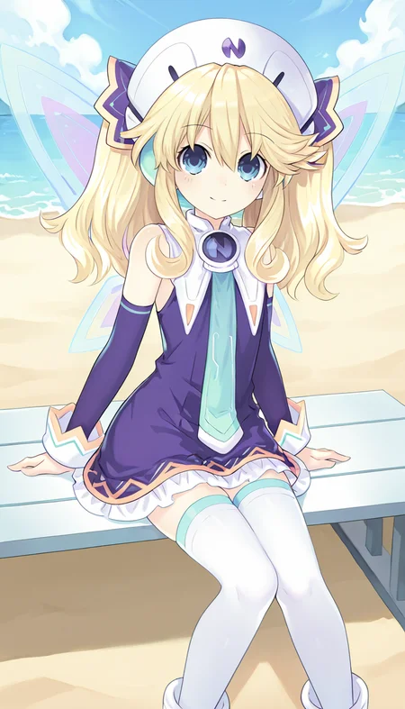 1girl, solo, blonde hair, blue eyes, long hair, twintails, flat chest, short, smile, closed mouth, short dress, hat, necktie, thighhighs, white legwear, fairy wings, footwear, boots, detached sleeves, looking at viewer, sitting, dynamic angle, outdoors, sunny, sky, beach, cowboy shot, masterpiece, best quality, very aesthetic, absurdres, newest, <lora:Histoire_Neptunia_IllustXL:0.8>, histoire \(neptunia)\, histoire_def