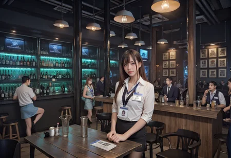 score_9,score_8_up,score_7_up,8k,,ruanyi0729,indoors,bar \(place\),crowd,,ruanyi0506,bra,pantyhose,miniskirt,id card,lanyard,black bra,black necktie,<lora:0729 late night bar_v1_pony:1>,<lora:0506 Emma OL_v1_pony:0.7>