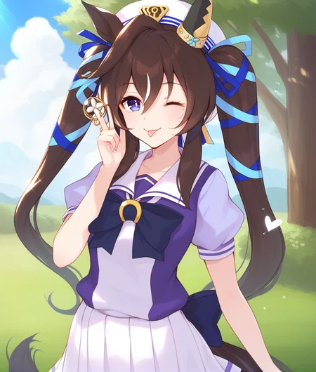 score_9, score_8_up, score_7_up BREAK
tracen_uniform, 1girl, solo, long hair, looking at viewer, smile, blue eyes, skirt, brown hair, shirt, black hair, hat, animal ears, twintails, school uniform, tail, short sleeves, one eye closed, tongue, puffy sleeves, tongue out, puffy short sleeves, sparkle, white skirt, horse ears, horse girl, horse tail, purple shirt, tracen school uniform,
five fingers, <lora:vivlos-ponyXL_resu006:1>,