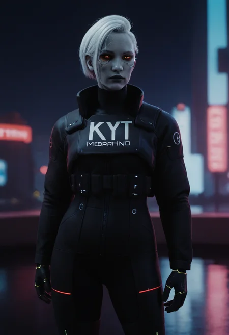 <lora:Marathon_-_graphic_realism-000002:0.5> Marathon style, mrthn, graphic realism,
cyberpunk, city,
1girl, adult, cowboy shot, android, white hair, 
multicolored theme,