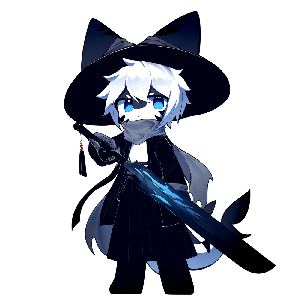 masterpiece,best quality,newest,absurdres,highres,safe,
dragontim:,(artist:qianqianjie:0.1),(artist:rurudo:0.1),bare body,
furry,<lora:Tiger_Shark_Changed_Illustrious:1>,sh4rk,changed,panorama,(chibi:0.6),head_tilt,(white_skin:0.9),shark tail,
<lora:Zilu_Limbus_Illustrious:1>,black asian conical hat,grey scarf,black kimono,black hakama,black coat,open coat,belt,black clawed gloves,black boots,holding_sword,