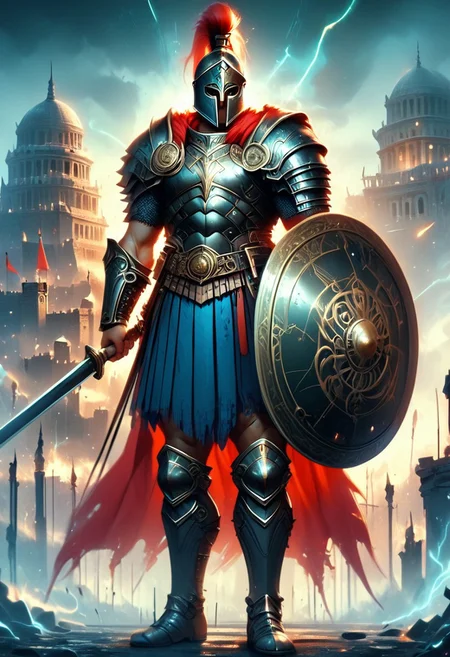 A full-length Spartan warrior, dressed in matte black armor that covers his entire body. The soldier's face is not visible, but his eyes must glow brightly, emitting energy and scarlet smoke. The armor is covered in scarlet bioluminescent runes that stand out in the dark. The warrior must convey an impression of extreme strength.
In one hand, the warrior holds a black sword, while facing a huge, aggressive and frantic bioluminescent lion. They find themselves on a vast, decimated battlefield, facing each other face to face. Pay special attention to the details of the armor, the posture of the soldier and that of the bioluminescent lion, as well as the general atmosphere of the nighttime and very rainy battlefield.
The lion has jet black fur with iridescent highlights that shift between shades of emerald green and sapphire blue. Its claws are razor-sharp and its mouth is open, showing rows of shiny teeth. His eyes shine with an unearthly light, as if they contain the very essence of magic. The image quality must be as high as possible to capture the intensity and loneliness of the Spartan soldier in this challenging environment.