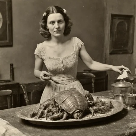 daguerreotype of circa 1850 woman, putting a platter of roasted alien turkey trilobites on a dirty dining table, in old kitchen, wearing a cotton revealing sexy dirty old ripped dress made of cotton, detailed face, monsters, intricate detail