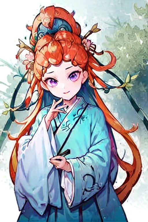,green chinese hanfu, beauty, (trees:0.5), (flowers:0.6) ,(birds:0.2), (bamboo0.1), lakes, Hangzhou,look looking at viewer, (disheveled hair),[orange hair:purple buttom hair:0.8],forehead,zoe,long hair,multicolored hair,(colored inner hair:1.1),(gradient hair:1.1), blue and purple  eyes,upper body,