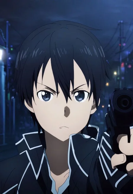 high resolution, solo, best quality, 1Boy, Kazuto Kirigaya, Black Hair, Black Eyes, portrait, midnight, dim street lights, mysterious, threatening, gun, aiming the gun to the viewer, OverallDetail