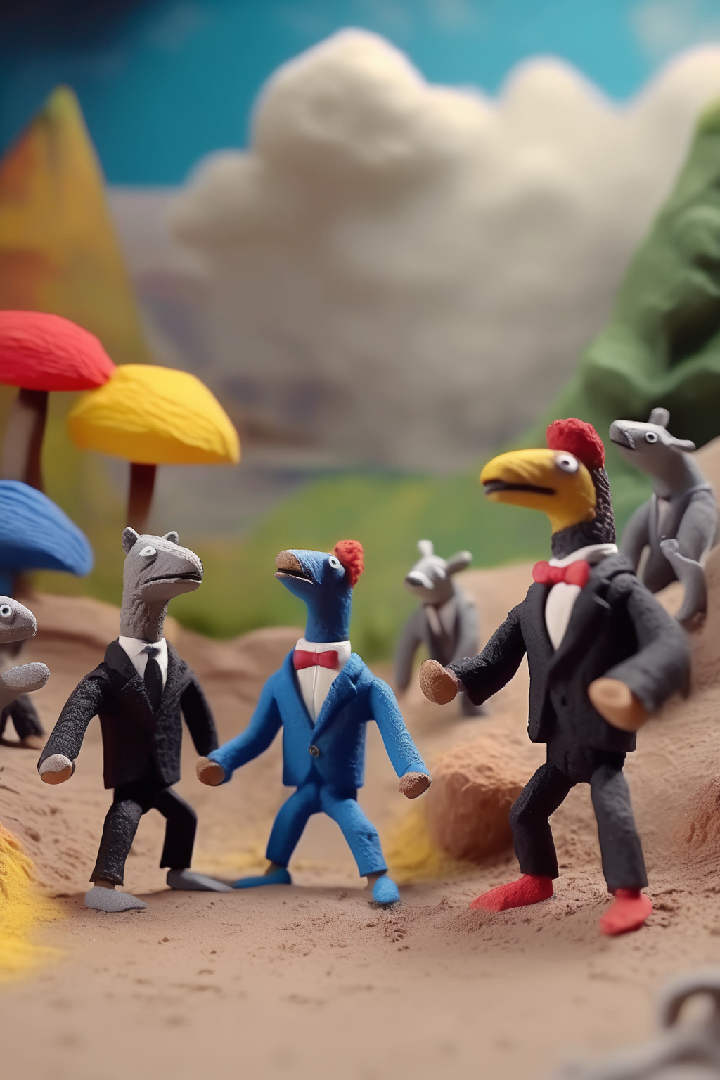 <lora:Stop-Motion Animation:1>Stop-Motion Animation - claymation animals in suits wrestling in the park, kicking up a cloud of dust, in the style of Paul Gauguin.
