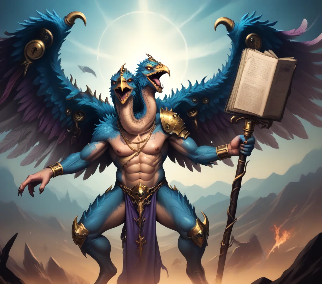 <lora:Kairos_Fateweaver_(Warhammer)_(Pony)_(AD):1.35>
Kairos Fateweaver, Tzeentch, two headed, long necks, raven, raven headed, wings, blue body, blue feathers, blue skin, eye_of_Tzeentch, mark_of_Tzeentch, staff, chaos_demon, Tzeentchian_chaos_warp, Tzeentch_corruption, Tzeentchian_domain, scenery,
in the style of the video game Warhammer 3, cowboy shot, dutch angle,