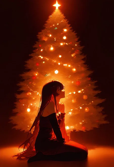 1girl, sitting, bare shoulders, red and black clothes, looking away, christmas tree, christmas decoration, side view, sitting, christmas lights, masterpiece, highres, absurdres solo, score_9, score_8_up, score_7_up, 2d color,