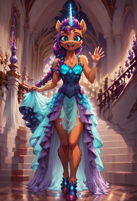 score_9, score_8_up, score_7_up, anthro,
(((Sunny Starscout))), alicorn,
facing viewer, front view, female focus, view from chesthight,
g5, pony, female, mare, tail, dock, solo, 1girl, highly detailed, beautiful, detailed eyes, detailed fur, beautiful eyes, (tall), ((perfect body proportions), (beautiful long legs),
small breasts, show accurate skin colour,
long hair, fluffy hair, biggest hair,
(((walking ((down)) a grand staircase))), (((waving to viewer))), ((happy, excited, smiling at viewer invitingly)),
(((wearing a beautiful, eyecoloured, bioluminescent, shoulderfree ballgown))), glowing ballgown,
BREAK,
highly detailed background, (((nighttime))), night
inside Canterlot castle, ballroom, ((grand staircase)), mirror marble floor, (((dimmed lights in the room))),