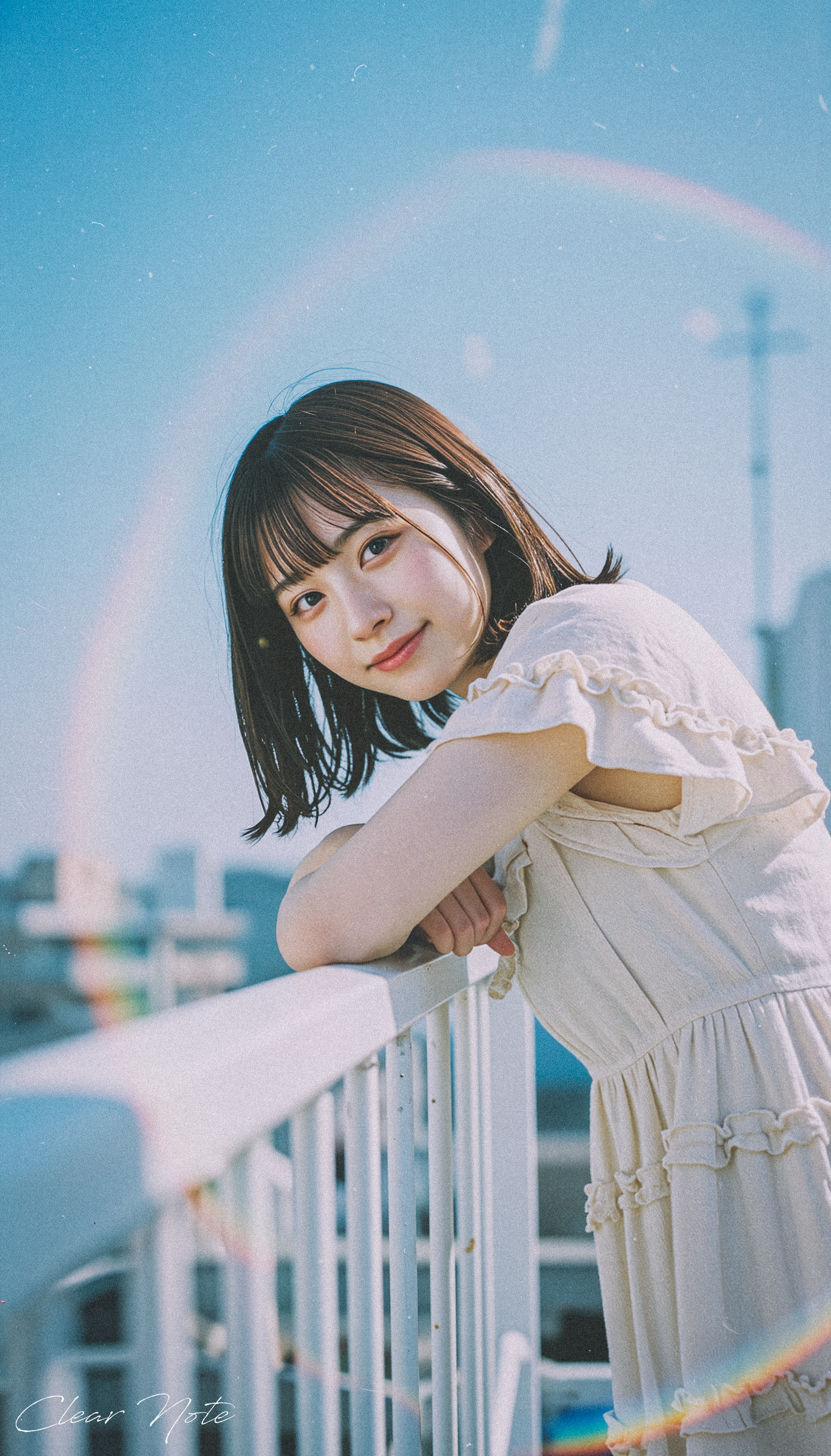 Japanese Culture Style, Emotional Photos, 35mm film, cute Japanese woman, Leaning against the railing, Blue Sky