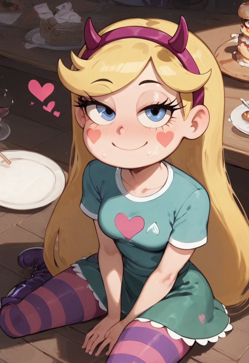 score_9, score_8_up, score_7_up, Expressiveh
1girl, starbutterfly, \(Star vs. the Forces of Evil\)/,(ultra HD quality details), blonde hair,  long hair, very long hair, blue eyes, heart,  facial mark, eyelashes,
horned headwear, hairband,
green dress, squid printed dress, short sleeves,
striped pantyhose, purple striped pantyhose, boots, purple boots,
star shaped bag, shoulder bag, small bag,
sexy girl, emotionless face, small breasts, thick thighs, in a cafe, fit, looking at viewer, dark theme, low light,