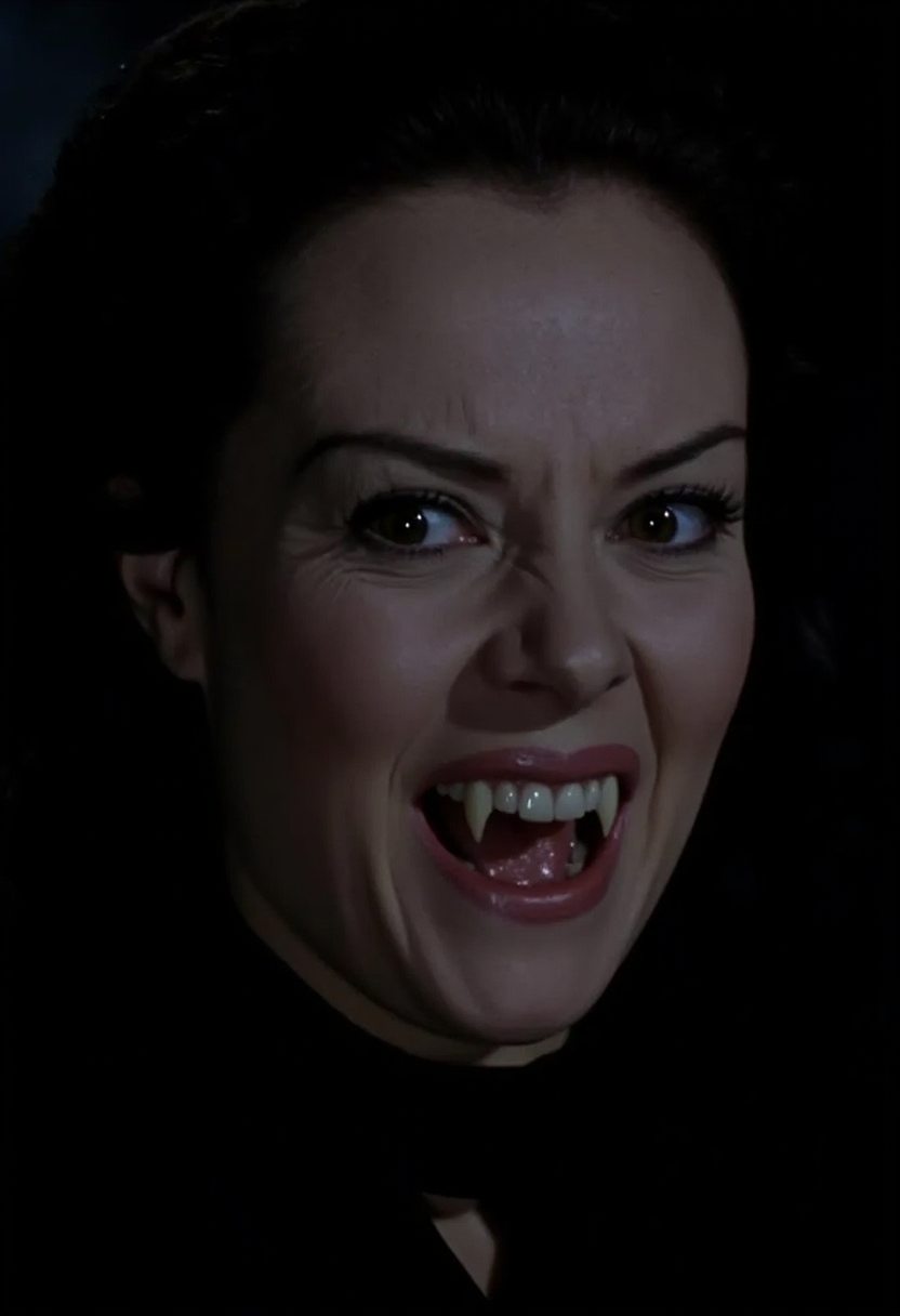 close-up face shot of an aristocratic vampire woman sneering showing fangs, face filling the whole frame. Pale skin, dark clothes, dark hair, neutral black background. Low light at night   <lora:hammer-000073:1>