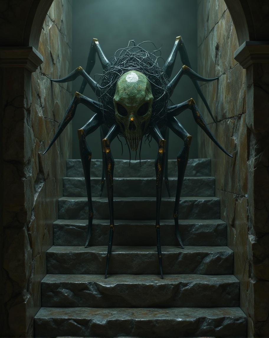 <lora:ck-polygon-gems-0019.safetensors:1> a crafted gemstone model in the style of cklg featuring a
In the heart of a dimly lit, ancient corridor, a surreal entity emerges from the top of a staircase, its presence both haunting and mesmerizing. The creature's head, a blend of medieval and futuristic elements, resembles a weathered, tarnished skull, its surface etched with intricate, metallic patterns. The greenish hue of the skull is accented by faint, glowing lines that seem to pulse with an otherworldly energy. Hollow, dark eye sockets pierce the gloom, while tangled, black tendrils, reminiscent of corroded wires, cascade down like a macabre crown.
The creature's elongated, thin limbs are a fusion of organic and mechanical, each limb ending in claw-like appendages that grip the walls with a calculated precision. These limbs, both spider-like and mechanical, are a testament to the creature's alien nature, their surface polished and gleaming in the dim light.
The staircase, made of aged, cracked wood, bears the marks of time, its dark patina adding to the eerie, surreal atmosphere. The wood is weathered, with deep grooves and faded textures that tell the story of countless years. The walls flanking the stairs are covered in peeling, faded paint, the layers peeling away to reveal a history of decay and neglect. Soft, directional lighting casts long, sharp shadows, emphasizing the texture and decay, while the background fades into a hazy, mist-filled void, enhancing the depth and mystery of the scene.
The air is thick with tension, the interplay of light and shadow creating a sense of impending drama. The creature stands as a darkly alluring figure, a symbol of both power and enigma, drawing the viewer into a world that is both ancient and futuristic, a realm where the line between the past and the future blurs.