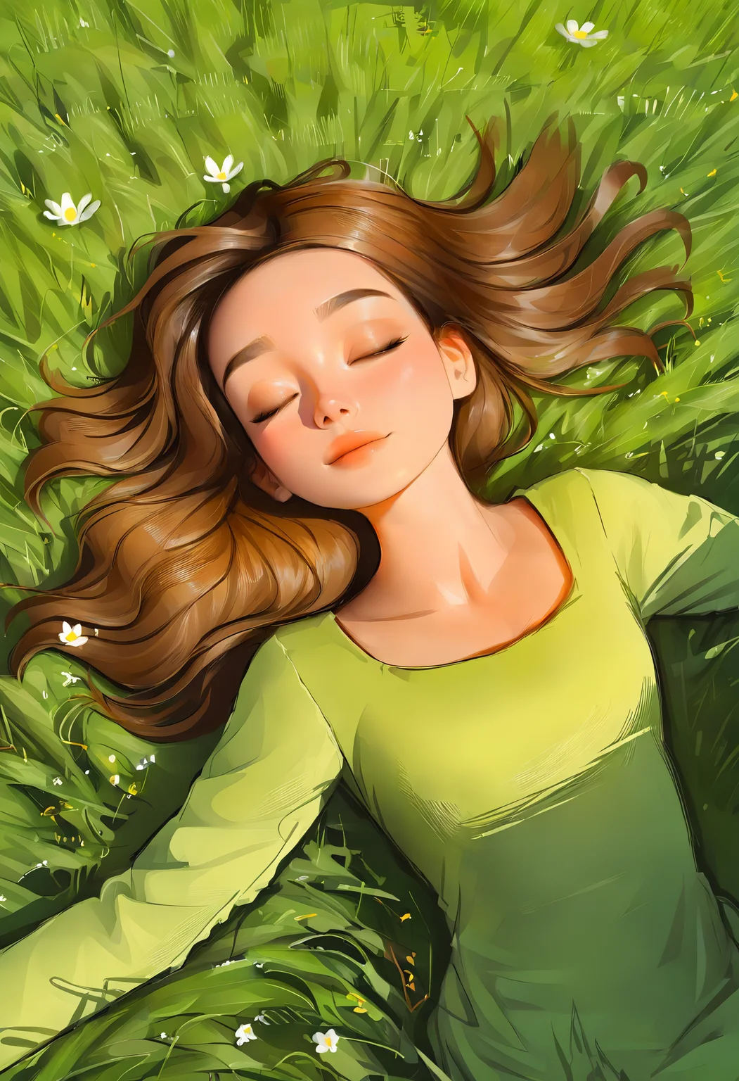 a woman with long brown hair and lying in the grass, eyes closed,  wiew from above, Samdoesarts Style   <lora:SamdoesartsV1:1>