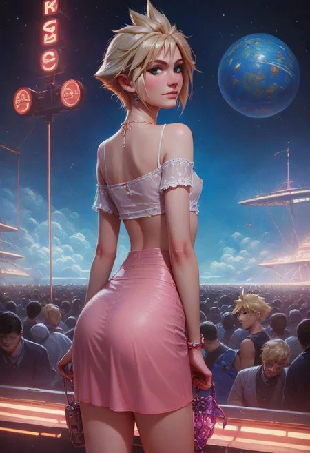 (femboy Cloud Strife), thin, (short blonde hair, wearing neon-pink plastic halter-top with neon-pink skirt with small bulge, small breasts), (wearing clear-acrylic see-through platform high-heels), on a crowded space station.
Space ship scheme.
Deep Space Nine Star Trek scheme.
realistic, hyper realistic, score_9, score_8_up, score_8_up, Expressiveh.
neon colors.