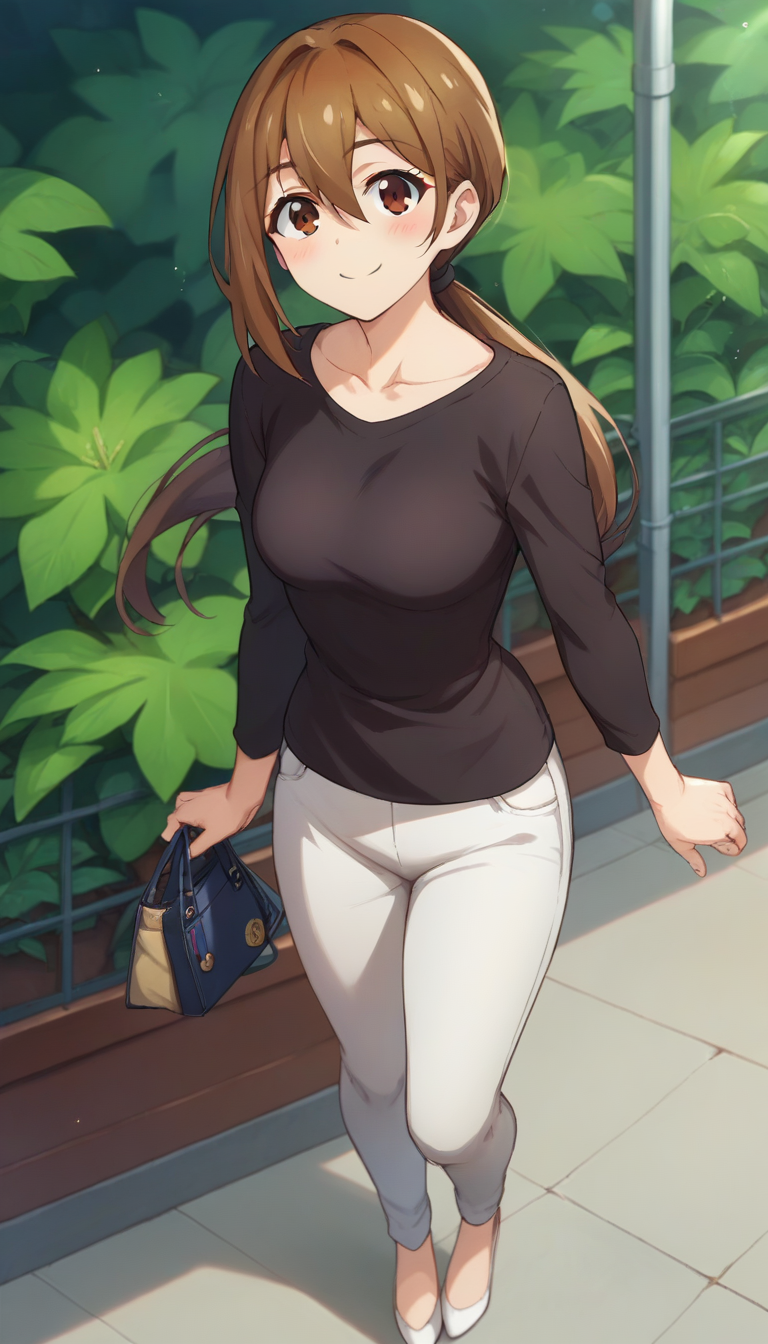 score_9,score_8_up,score_7_up,score_6_up BREAK official art,solo,outdoors,upper body,looking at viewer,facing viewer,smile,blush,Ukai sensei,brown hair,long hair,low ponytail,sidelocks,hair between eyes,bangs,brown eyes,collarbone,black shirt,long sleeves,medium breasts,white pants,high heels,white footwear,<lora:Ukai sensei(snk)-Pony:1.3>,