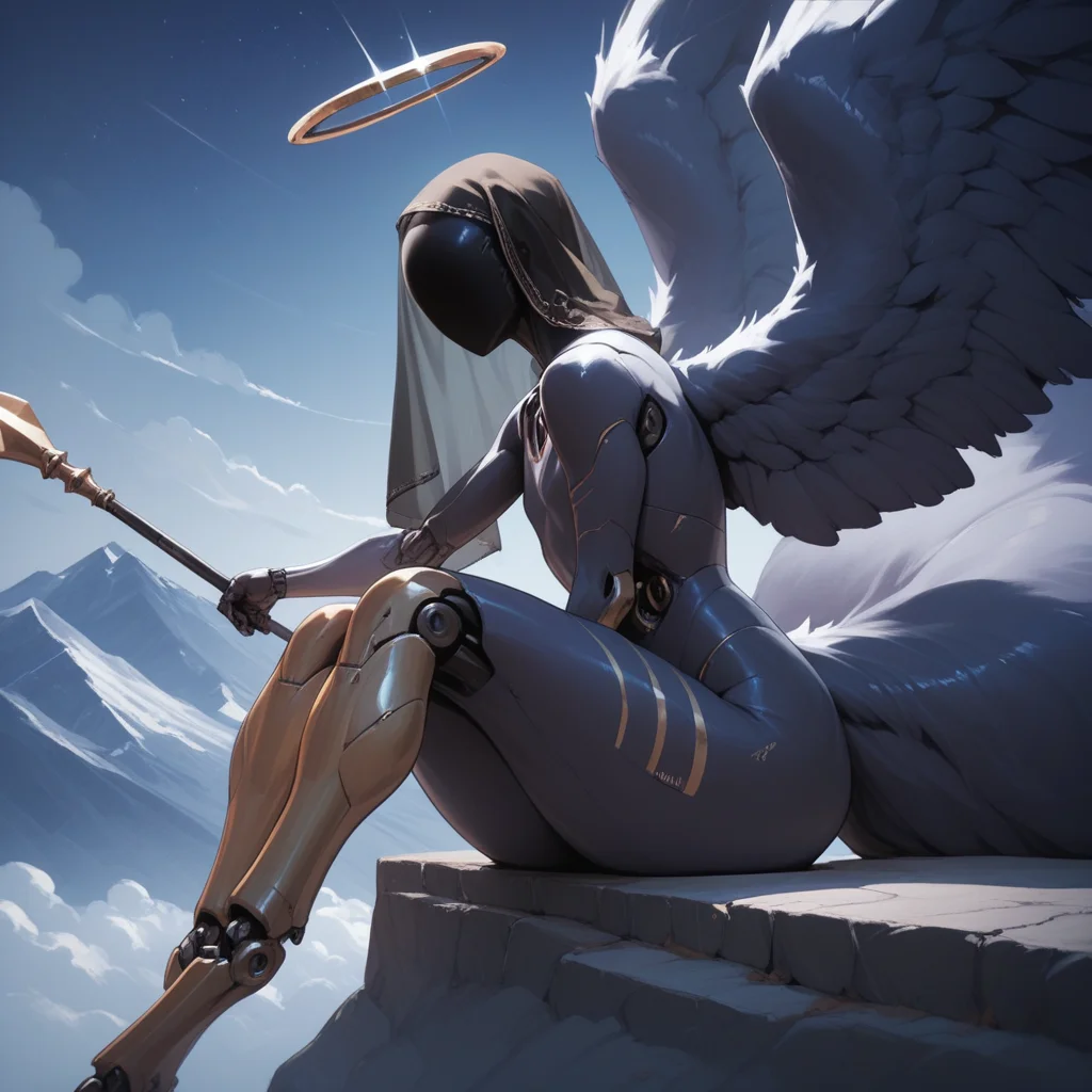 Score_9, score_8_up, score_7_up, Sent1nel, faceless, android, veil, sitting, feathered wings, gigantic tail, holding spear, halo, mountains, night