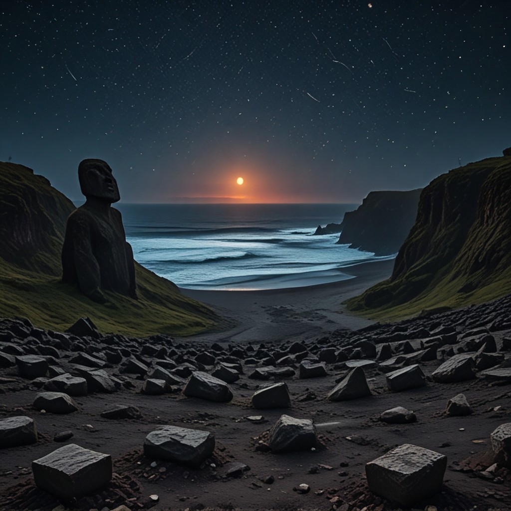 A desolate, apocalyptic landscape unfolds before us, where a circle of giant+++ stone heads+++ like easter island Rapa Nui against the ominous backdrop of an eclipse. The sun, once radiant, now hangs in a fiery ring, shrouded by darkness. Above, stars twinkle like diamonds scattered across the inky canvas of night. From our vantage point on the hillside, the town's silhouettes stand out against the surreal tableau, as if suspended between day and night.