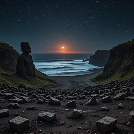 A desolate, apocalyptic landscape unfolds before us, where a circle of giant+++ stone heads+++ like easter island Rapa Nui against the ominous backdrop of an eclipse. The sun, once radiant, now hangs in a fiery ring, shrouded by darkness. Above, stars twinkle like diamonds scattered across the inky canvas of night. From our vantage point on the hillside, the town's silhouettes stand out against the surreal tableau, as if suspended between day and night.