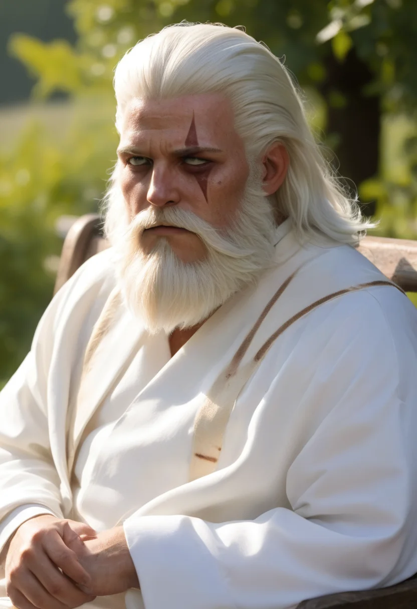 Reinhardt sits on an outdoor bench in his priestly robes,sunning himself,<lora:xl-reinhardt-000012:0.7>,scar across eye,beard,white hair,