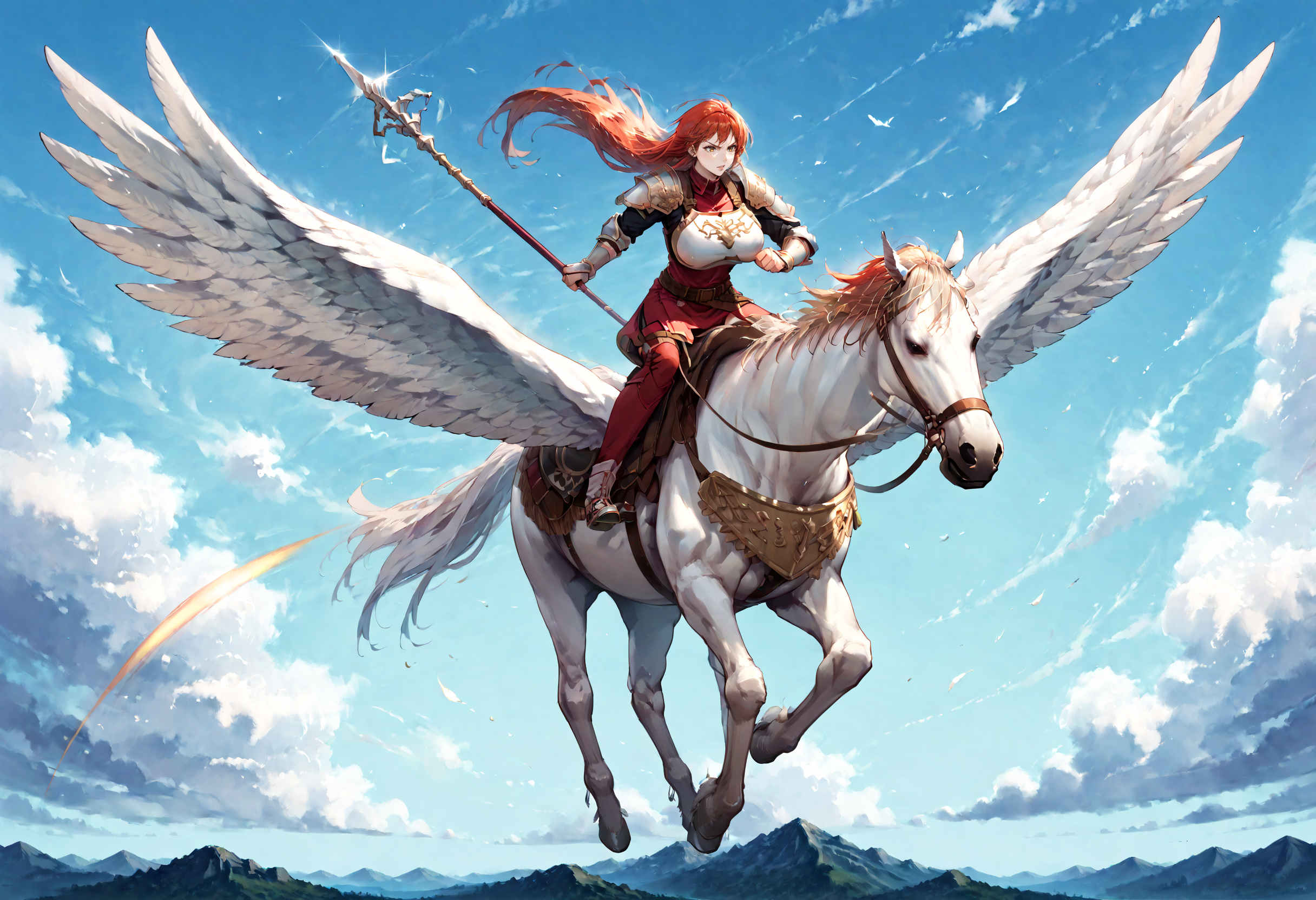 score_9,score_8_up,score_7_up,extreme detailed,full_body,zPDXL BREAK sky,flying,1girl,huge breasts,
<lora:Pony_DetailV2.0:1>,pegasus knight,horse,horseback riding,pegasus,<lora:pegasus knight-v2-pony:0.8>,long hair,shoulder armor,breastplate,pegasus knight uniform \(fire emblem\),holding polearm,charging forward,fighting stance,