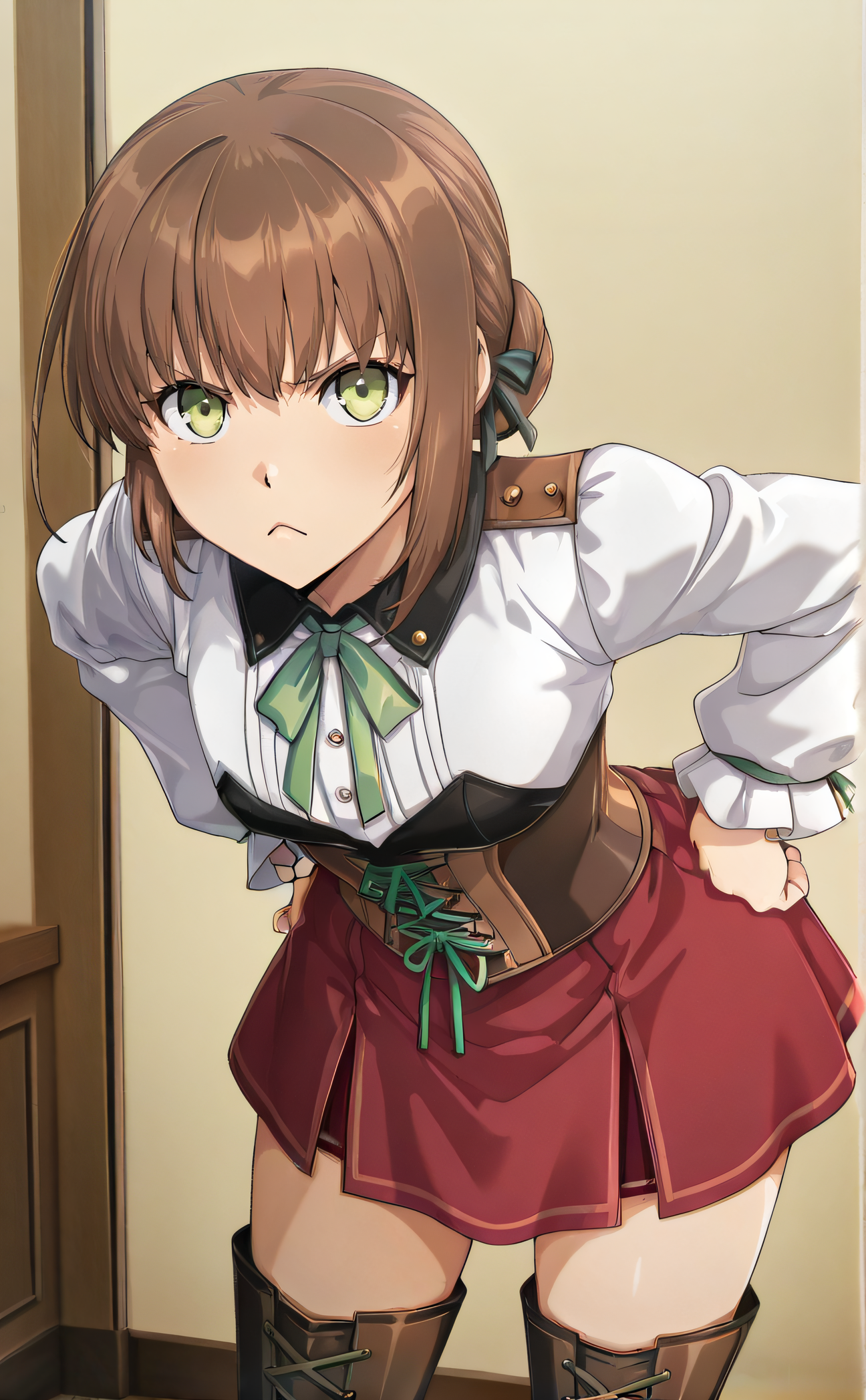 masterpiece, best quality, highres, newest, 1girl, solo, official style, anime screencap, <lora:IL_Duvalie:1>, duvalie, green eyes, brown hair, corset, white sleeves, black chest, red skirt, green ribbon, thigh boots, frown, looking at viewer:1.2, indoor, cowboy shot, hands on hips, bent over