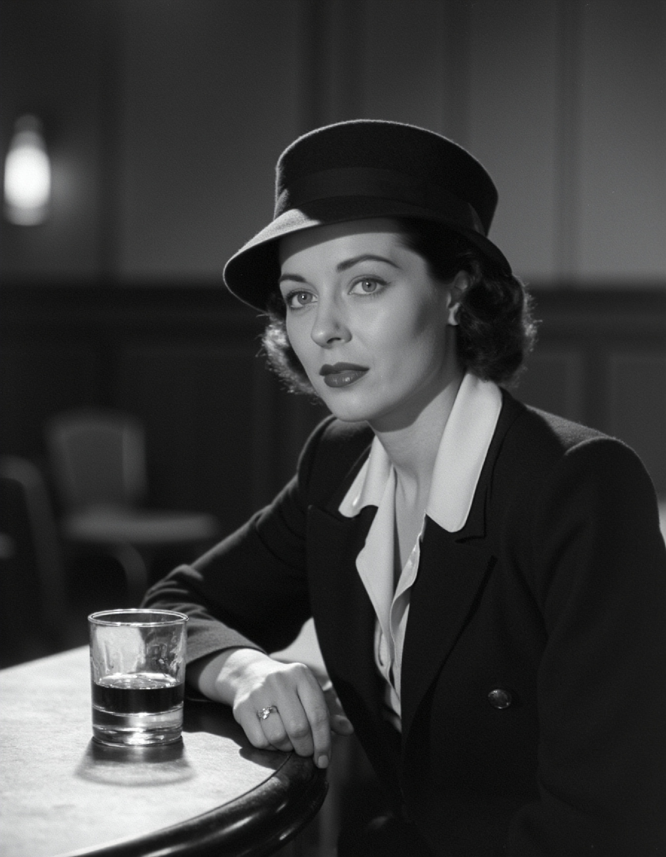 cinematic_1940s, A sophisticated 1940s portrait photograph captures the elegant lines of a woman sitting alone at a dimly lit bar. The subject's sleek features are accentuated by a sharp jawline and piercing green eyes that seem to gaze into the distance, lost in thought. A delicate lace scarf drapes elegantly around her neck, adding a touch of subtle sophistication to the image. Her tailored suit jacket is immaculately pressed, with every crease and fold meticulously rendered. A few wispy strands of hair escape from beneath her cap, framing her heart-shaped face with a soft, romantic glow. The bar itself is a sleek, modernist masterpiece, with its chrome surfaces and minimalist design adding to the overall sense of sophistication and style. A few subtle shadows dance across the subject's features, casting a moody atmosphere over the image. In the corner of the frame, a single glass of whiskey sits on the bar, its contents reflected in the polished surface like a tiny, shiny pool. The overall effect is one of classic Hollywood glamour and timeless sophistication, as if this woman has just stepped out of a 1940s film noir. Every detail from her elegant suit jacket to the delicate lace scarf seems meticulously rendered, adding to the sense of refinement and poise that pervades the image. A few subtle hints of cigarette smoke waft through the air, adding a touch of rebellious spirit to the overall effect.
