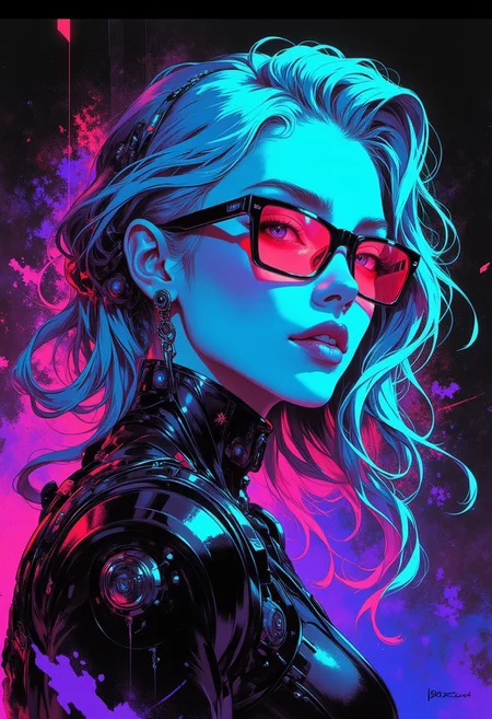 A striking digital portrait of a blonde female figure in dutch angle, rendered in electric blue and purple neon tones against a deep midnight black background. Her angular features are illuminated by vibrant cybernetic underlighting, casting dramatic shadows across her confident expression and strong jawline. rectangular-framed sunglasses with reflective coral lenses dominate her face and contrast sharply with her luminous teal hair styled in long, flowing digital tendrils. A high-collared metallic black bodysuit hugs her silhouette, creating a futuristic aesthetic. Ambient glow effects surround her form, enhancing the technological atmosphere with subtle pixel distortions. Cyberpunk, digital art, Intricate linework with bold contrasts, low-key lighting with cool shadows and warm dynamic highlights. In the style of ff-td, DB4RZ, DB4RZ style painting