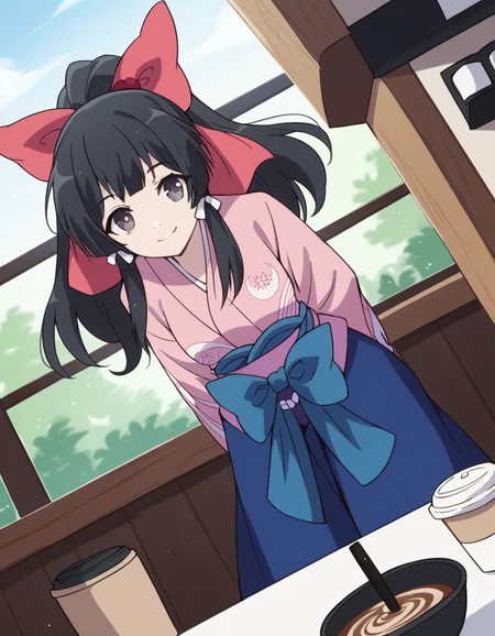 score_9, score_8_up, score_7_up, source_anime, <lora:yae-kokonoe-s2-ponyxl-lora-nochekaiser:1>, yae kokonoe, long hair, bangs, black hair, bow, ribbon, hair ribbon, ponytail, hair bow, black eyes, grey eyes, medium breasts,, skirt, japanese clothes, kimono, hakama, hakama skirt, pink kimono, cafe, coffee cup, barista, sitting down, talking, relaxing, sunlight through window, smile, hands behind back, bent over,, looking at viewer, solo,, dutch angle, cowboy shot